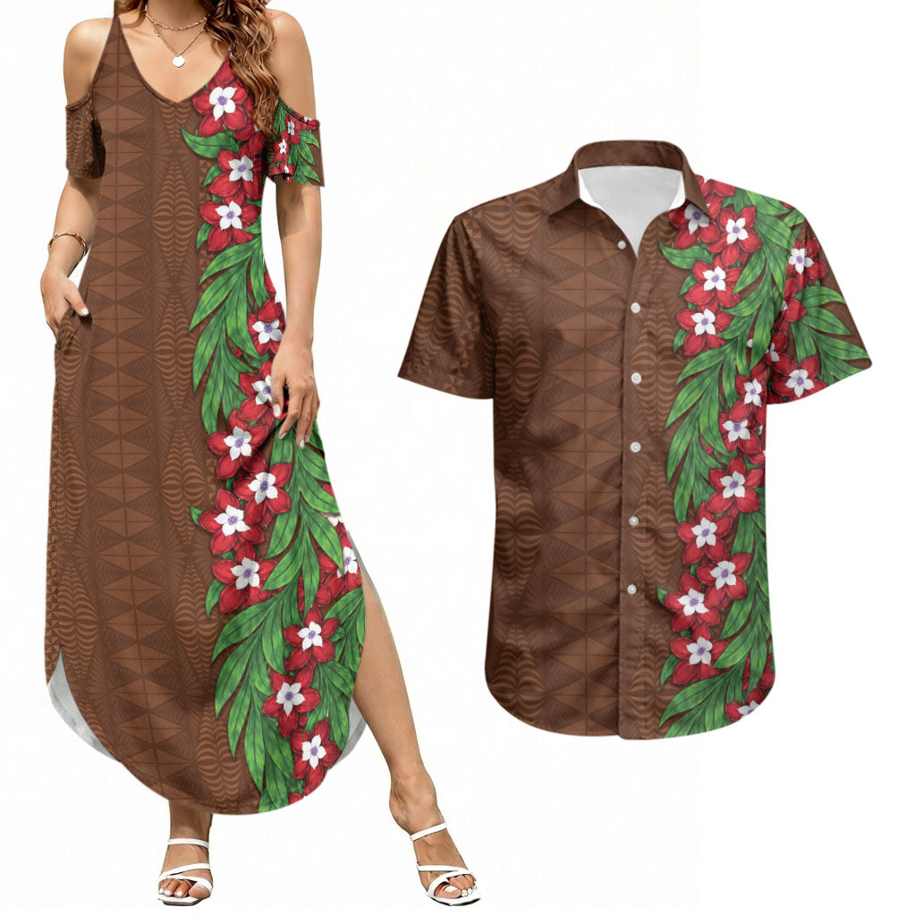 Tonga Language Week Couples Matching Summer Maxi Dress and Hawaiian Shirt Heilala Floral Brown LT05 Brown - Polynesian Pride