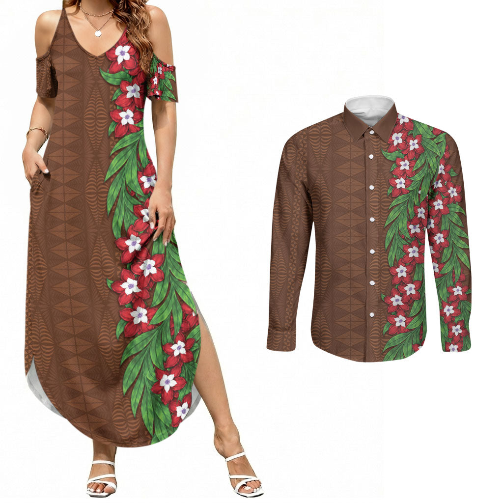 Tonga Language Week Couples Matching Summer Maxi Dress and Long Sleeve Button Shirt Heilala Floral Brown LT05 Brown - Polynesian Pride