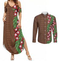 Tonga Language Week Couples Matching Summer Maxi Dress and Long Sleeve Button Shirt Heilala Floral Brown LT05 Brown - Polynesian Pride