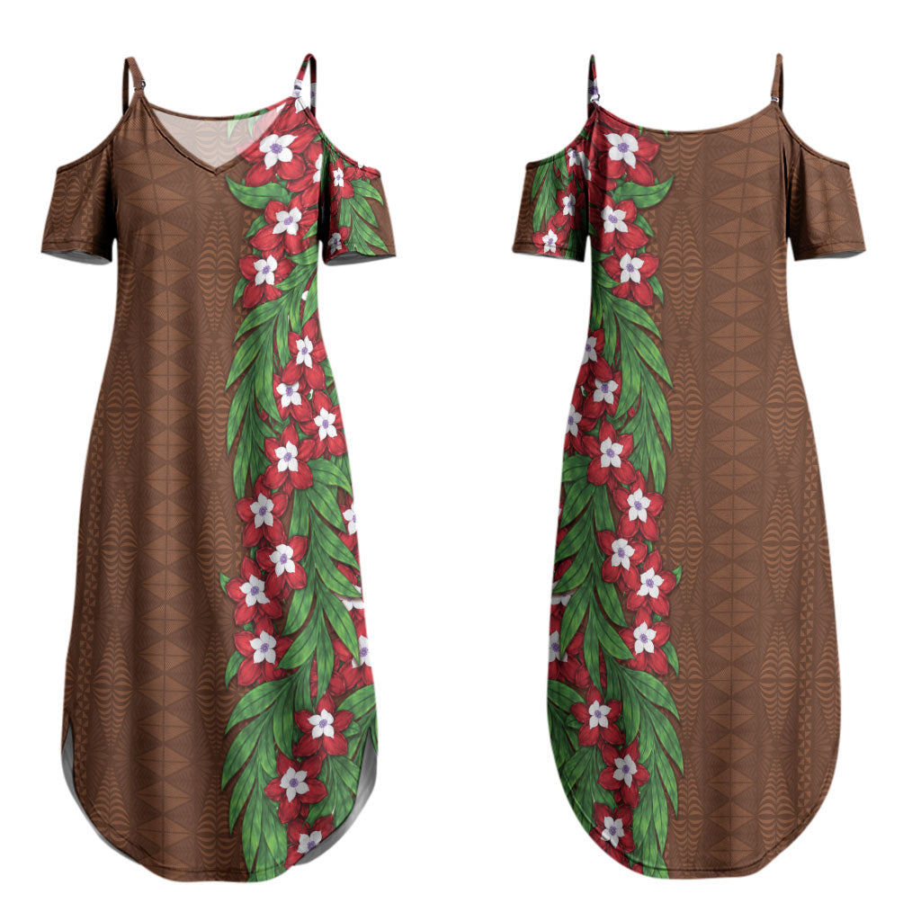 Tonga Language Week Couples Matching Summer Maxi Dress and Long Sleeve Button Shirt Heilala Floral Brown LT05 - Polynesian Pride