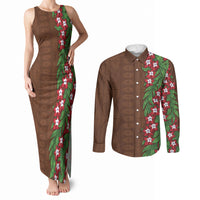 Tonga Language Week Couples Matching Tank Maxi Dress and Long Sleeve Button Shirt Heilala Floral Brown LT05 Brown - Polynesian Pride