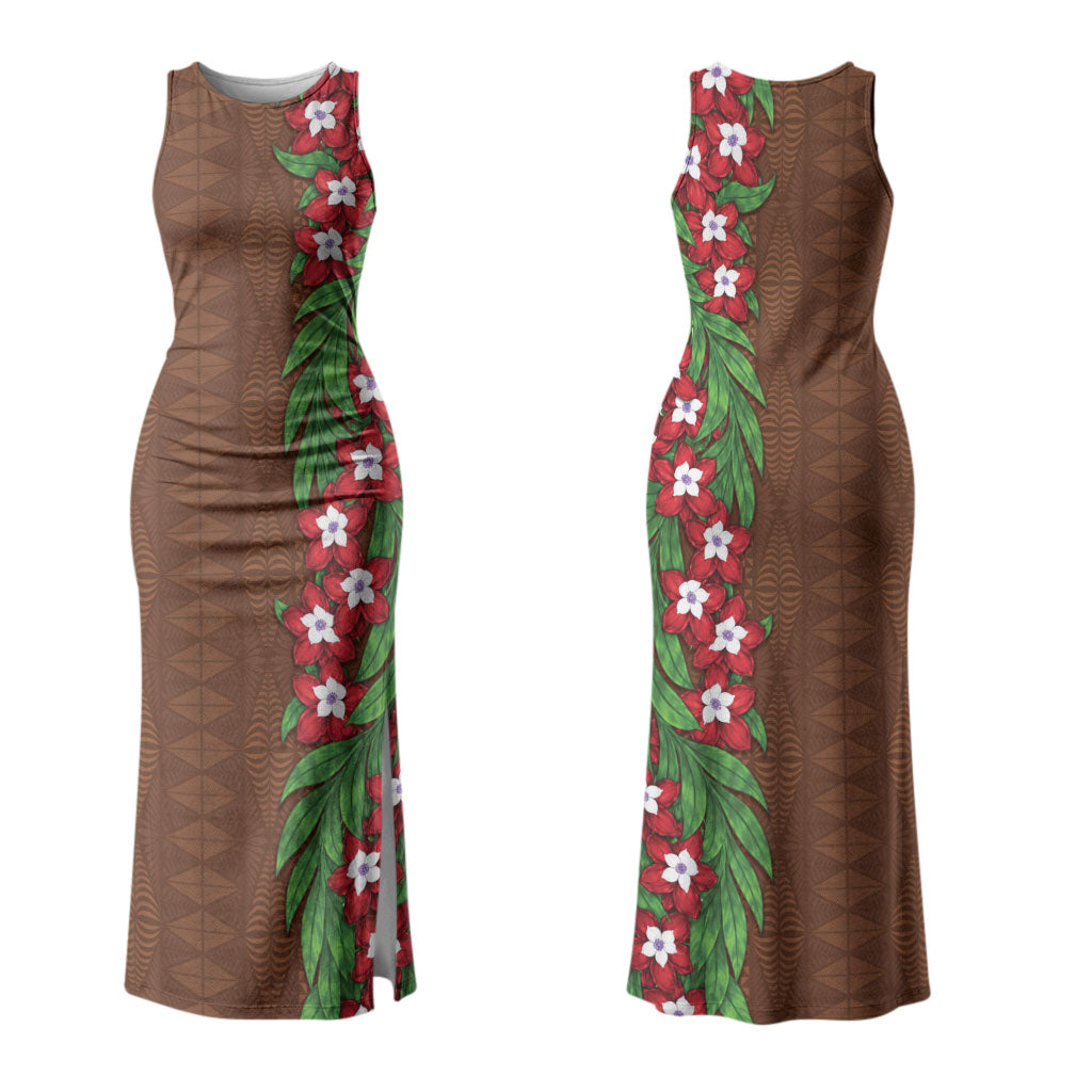 Tonga Language Week Couples Matching Tank Maxi Dress and Long Sleeve Button Shirt Heilala Floral Brown LT05 - Polynesian Pride