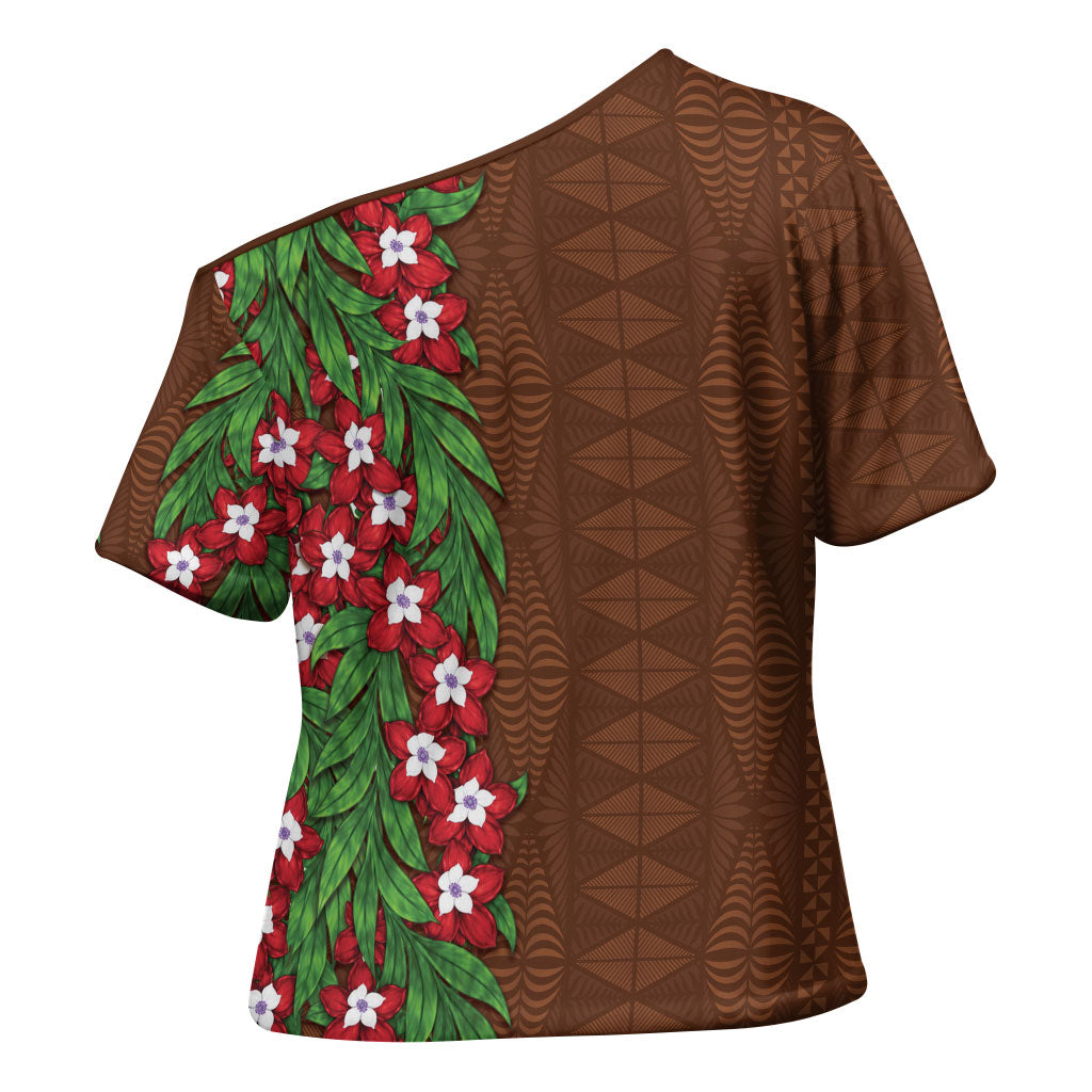 Tonga Language Week Cross Shoulder Shirt Heilala Floral Brown LT05 - Polynesian Pride