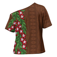 Tonga Language Week Cross Shoulder Shirt Heilala Floral Brown LT05 - Polynesian Pride