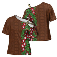 Tonga Language Week Cross Shoulder Shirt Heilala Floral Brown LT05 - Polynesian Pride