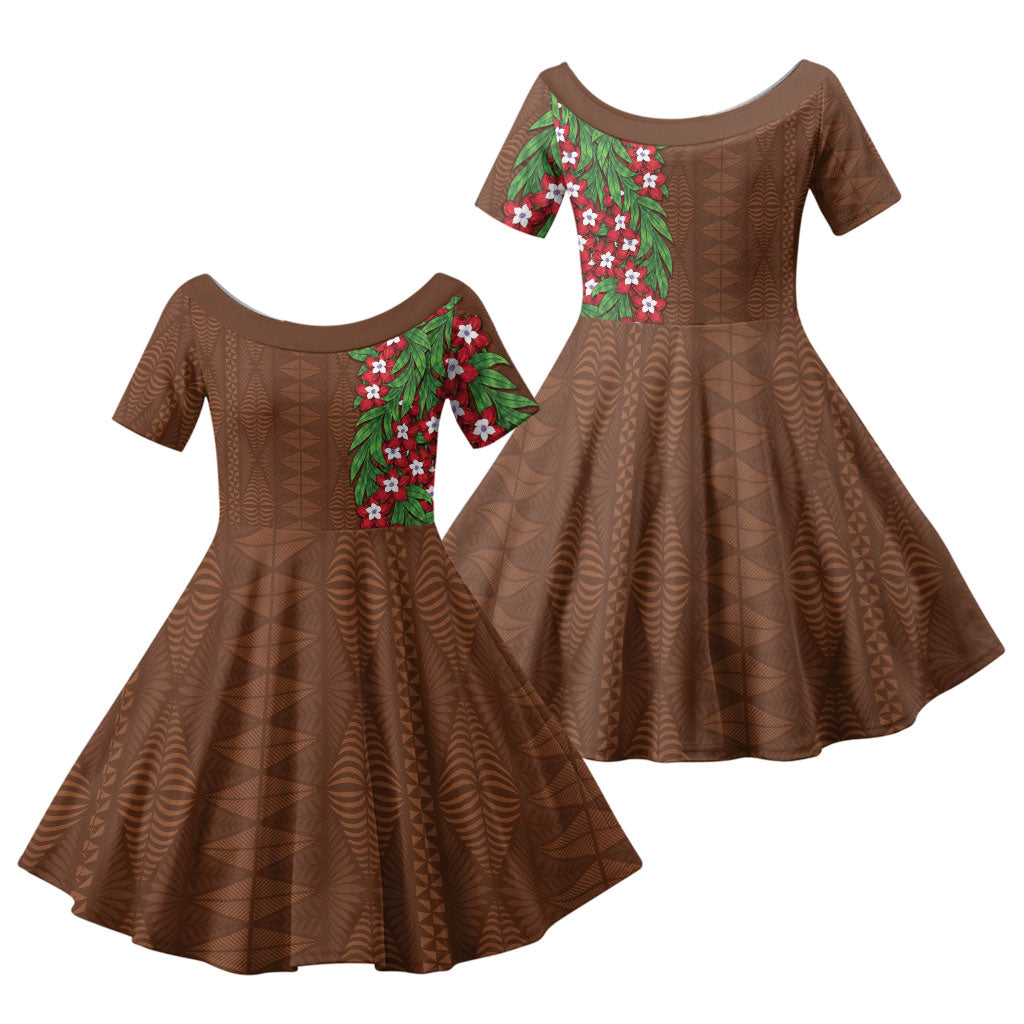 Tonga Language Week Family Matching Long Sleeve Bodycon Dress and Hawaiian Shirt Heilala Floral Brown LT05 Daughter's Dress Brown - Polynesian Pride