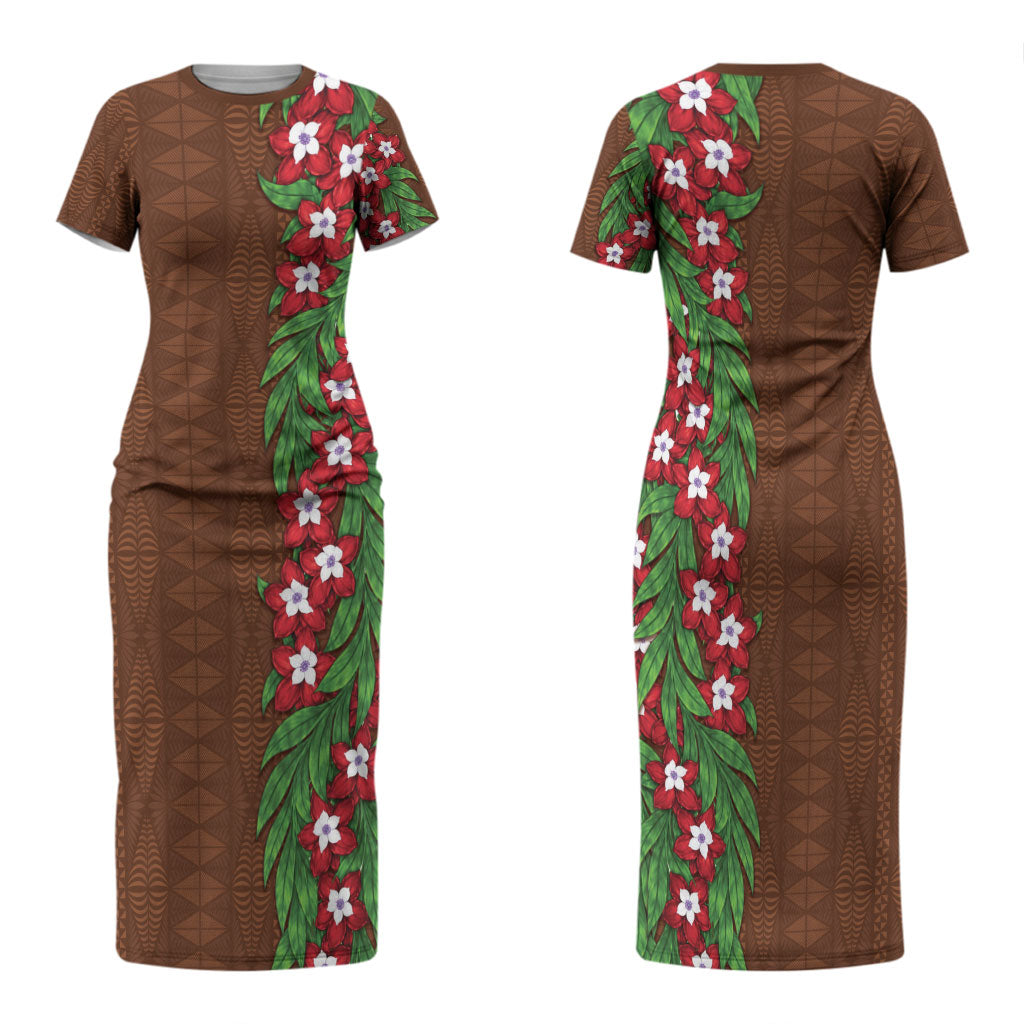 Tonga Language Week Family Matching Short Sleeve Bodycon Dress and Hawaiian Shirt Heilala Floral Brown LT05 Mom's Dress Brown - Polynesian Pride