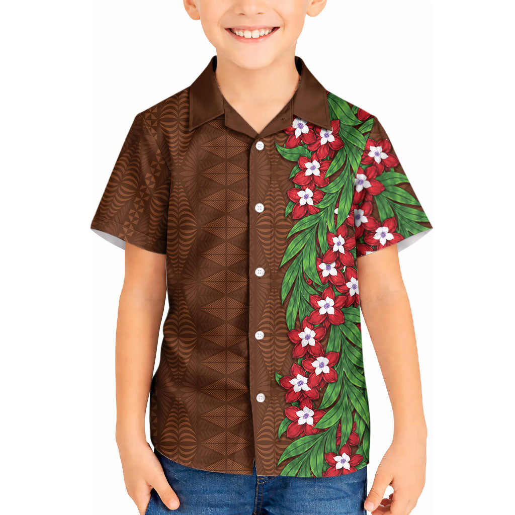 Tonga Language Week Kid Hawaiian Shirt Heilala Floral Brown LT05 Kid Brown - Polynesian Pride