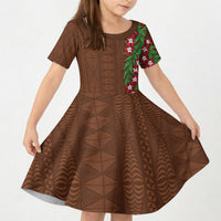 Tonga Language Week Kid Short Sleeve Dress Heilala Floral Brown LT05 KID Brown - Polynesian Pride