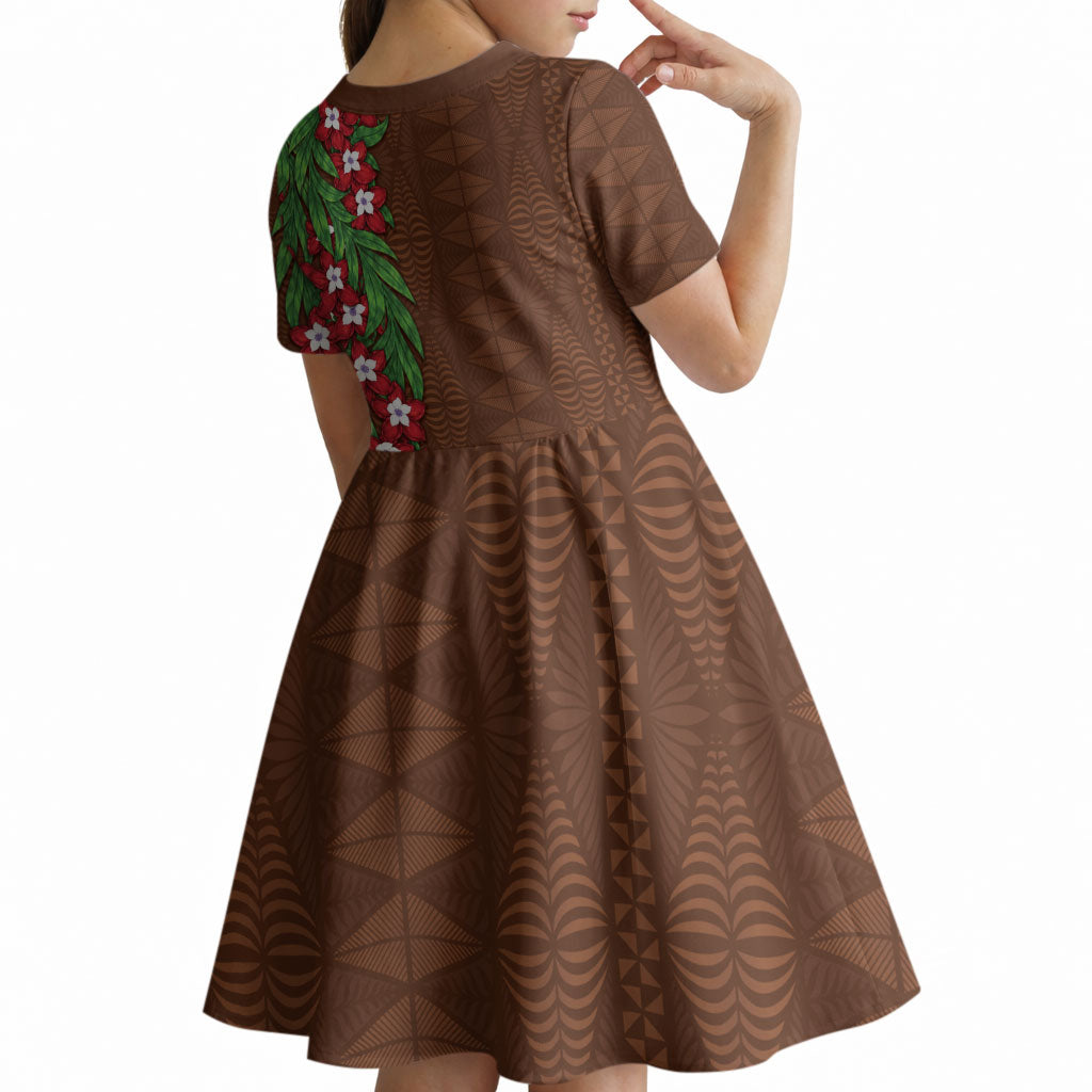 Tonga Language Week Kid Short Sleeve Dress Heilala Floral Brown LT05 - Polynesian Pride