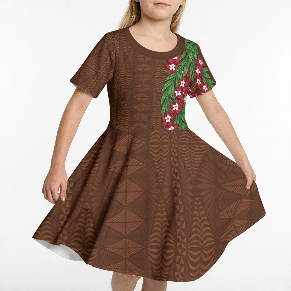 Tonga Language Week Kid Short Sleeve Dress Heilala Floral Brown LT05 - Polynesian Pride