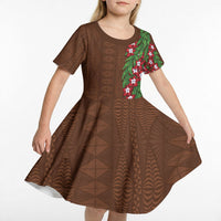 Tonga Language Week Kid Short Sleeve Dress Heilala Floral Brown LT05 - Polynesian Pride