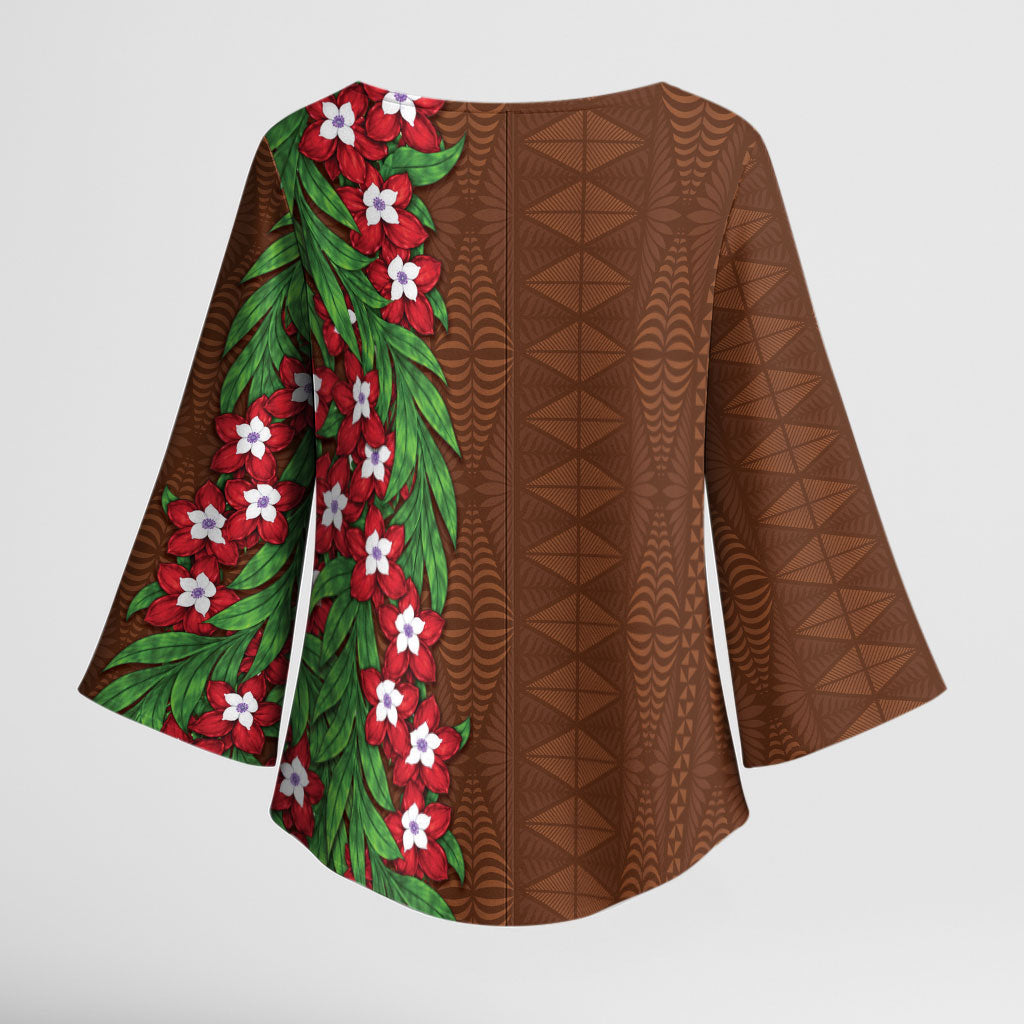 Tonga Language Week Kimono Sleeve Blouse Heilala Floral Brown LT05 - Polynesian Pride