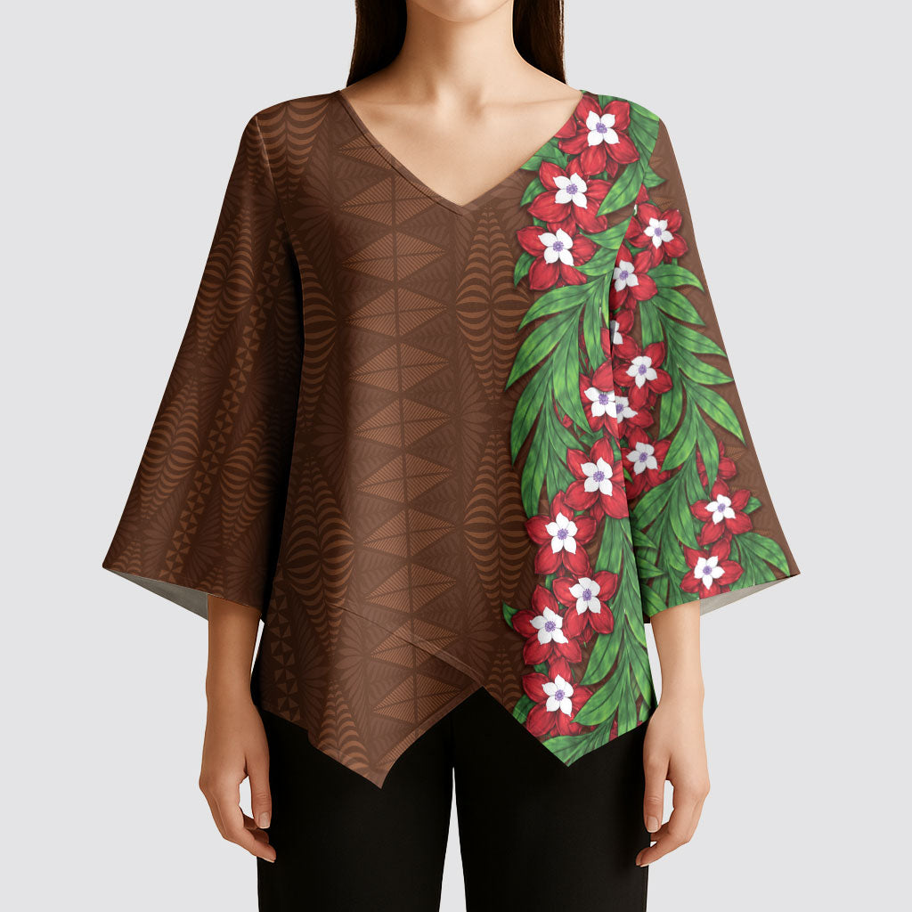 Tonga Language Week Kimono Sleeve Blouse Heilala Floral Brown LT05 - Polynesian Pride