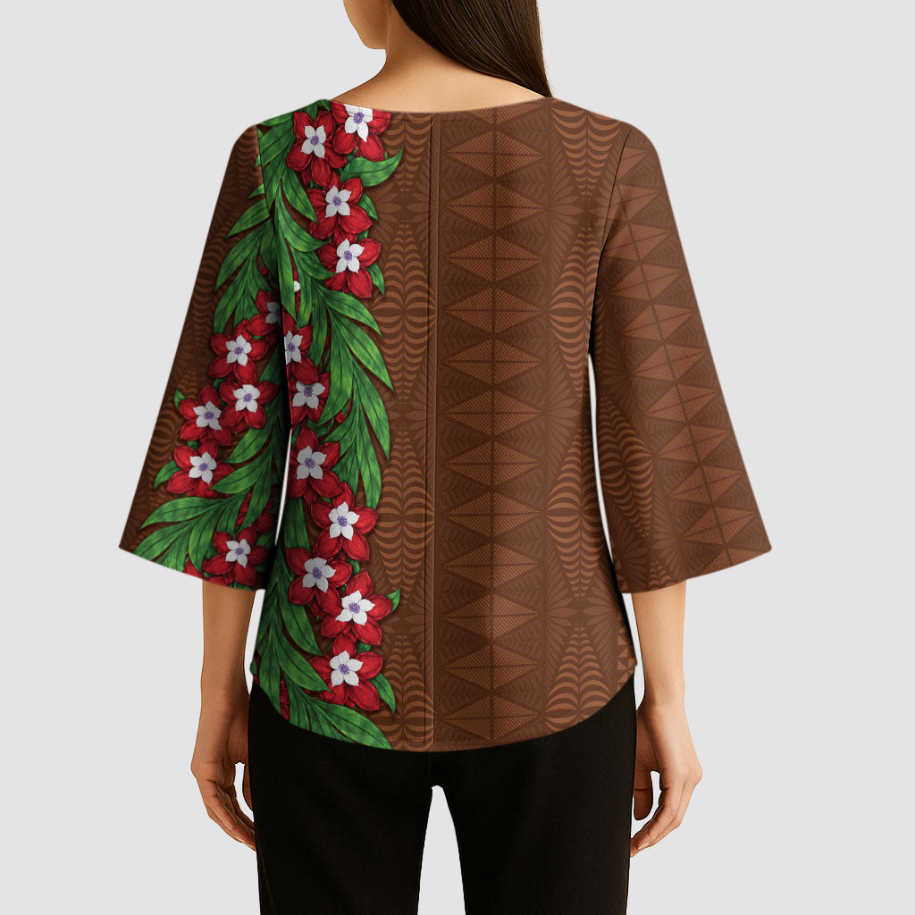 Tonga Language Week Kimono Sleeve Blouse Heilala Floral Brown LT05 - Polynesian Pride