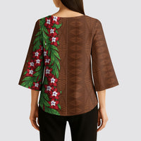 Tonga Language Week Kimono Sleeve Blouse Heilala Floral Brown LT05 - Polynesian Pride