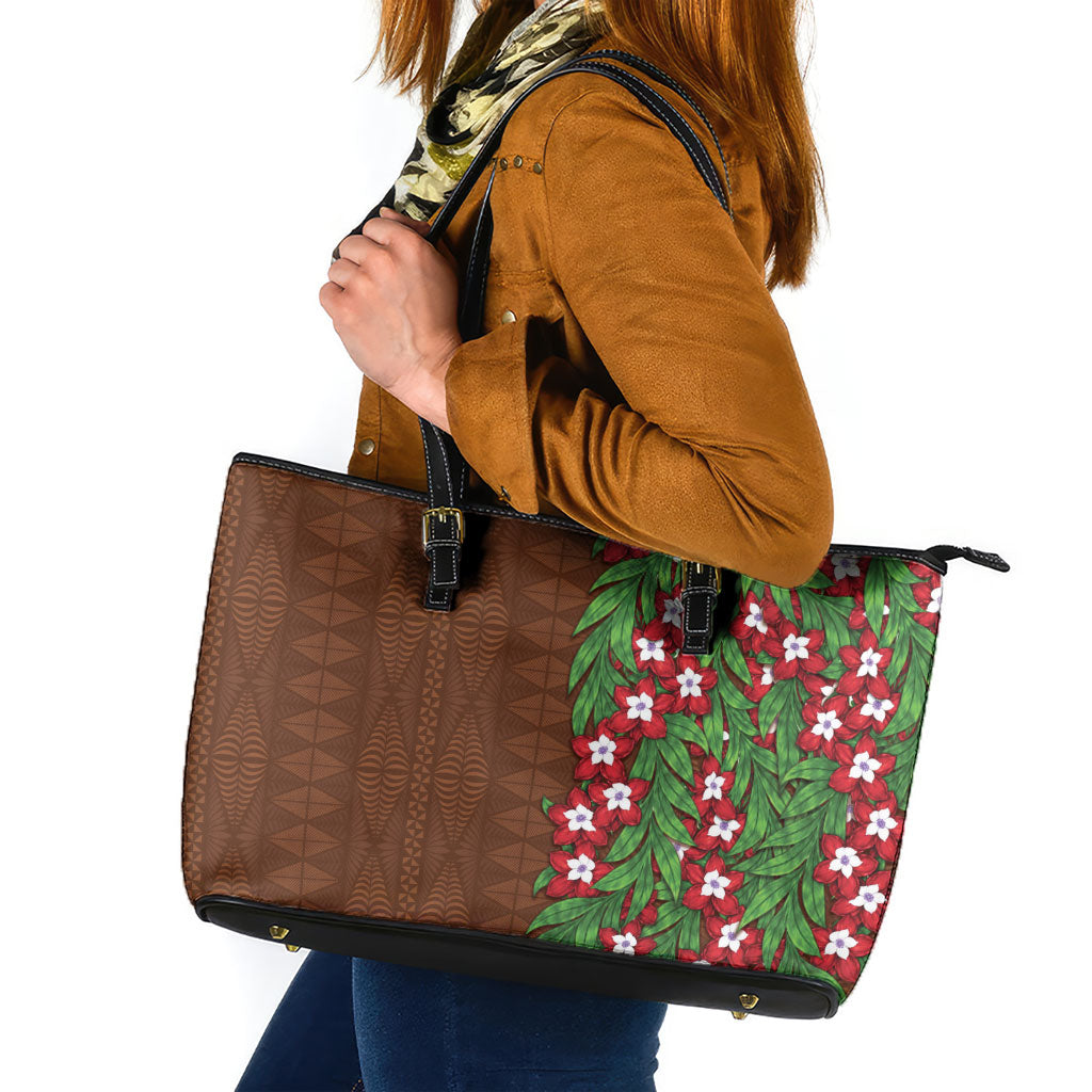 Tonga Language Week Leather Tote Bag Heilala Floral Brown LT05 Brown - Polynesian Pride