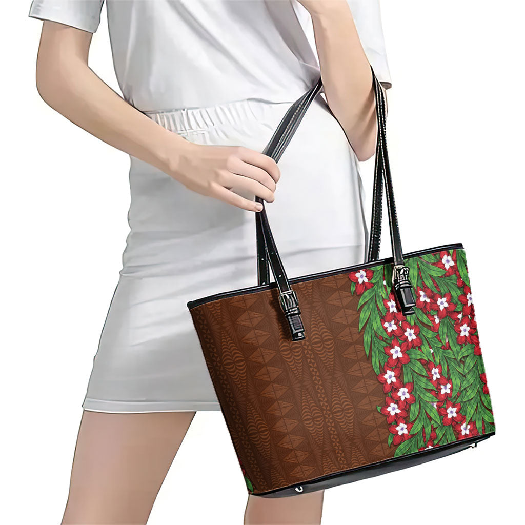 Tonga Language Week Leather Tote Bag Heilala Floral Brown LT05 - Polynesian Pride