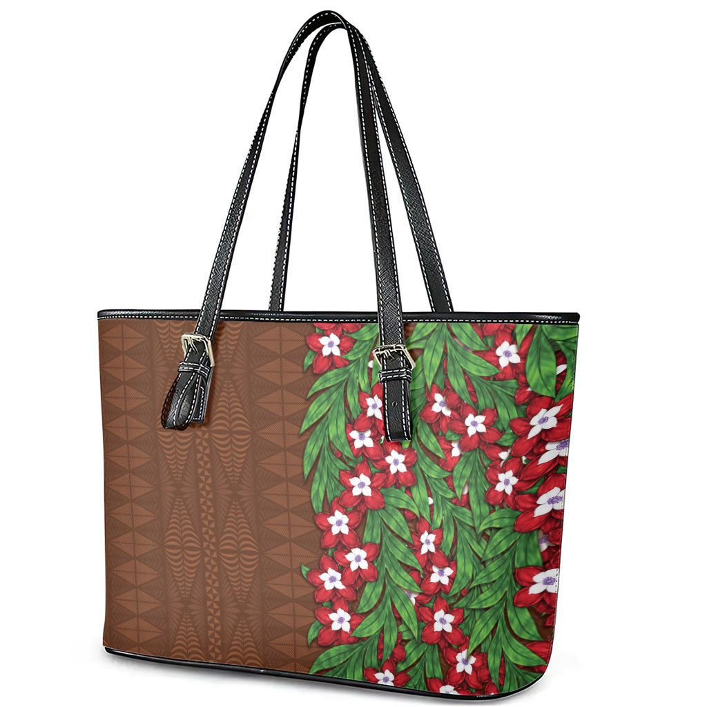 Tonga Language Week Leather Tote Bag Heilala Floral Brown LT05 - Polynesian Pride
