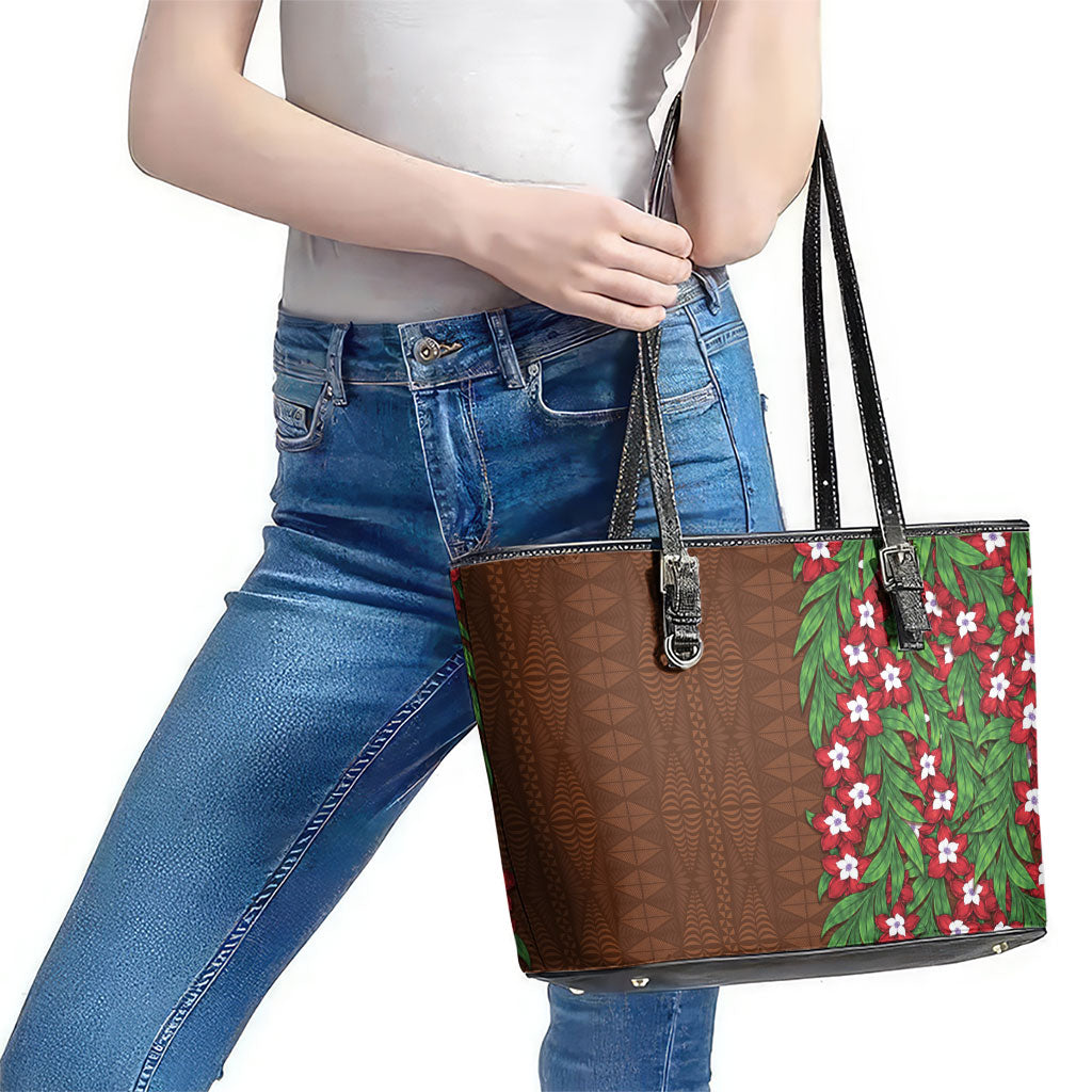 Tonga Language Week Leather Tote Bag Heilala Floral Brown LT05 - Polynesian Pride