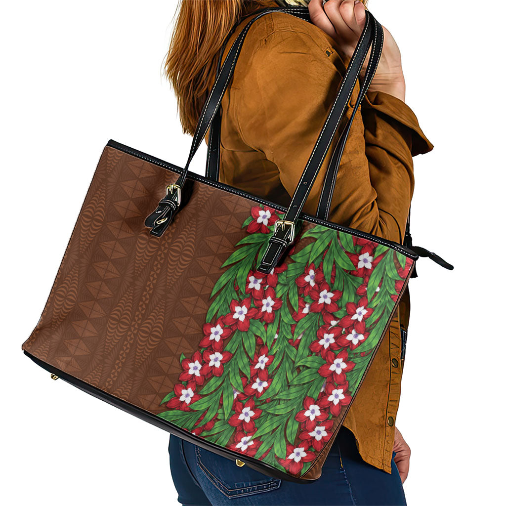 Tonga Language Week Leather Tote Bag Heilala Floral Brown LT05 - Polynesian Pride