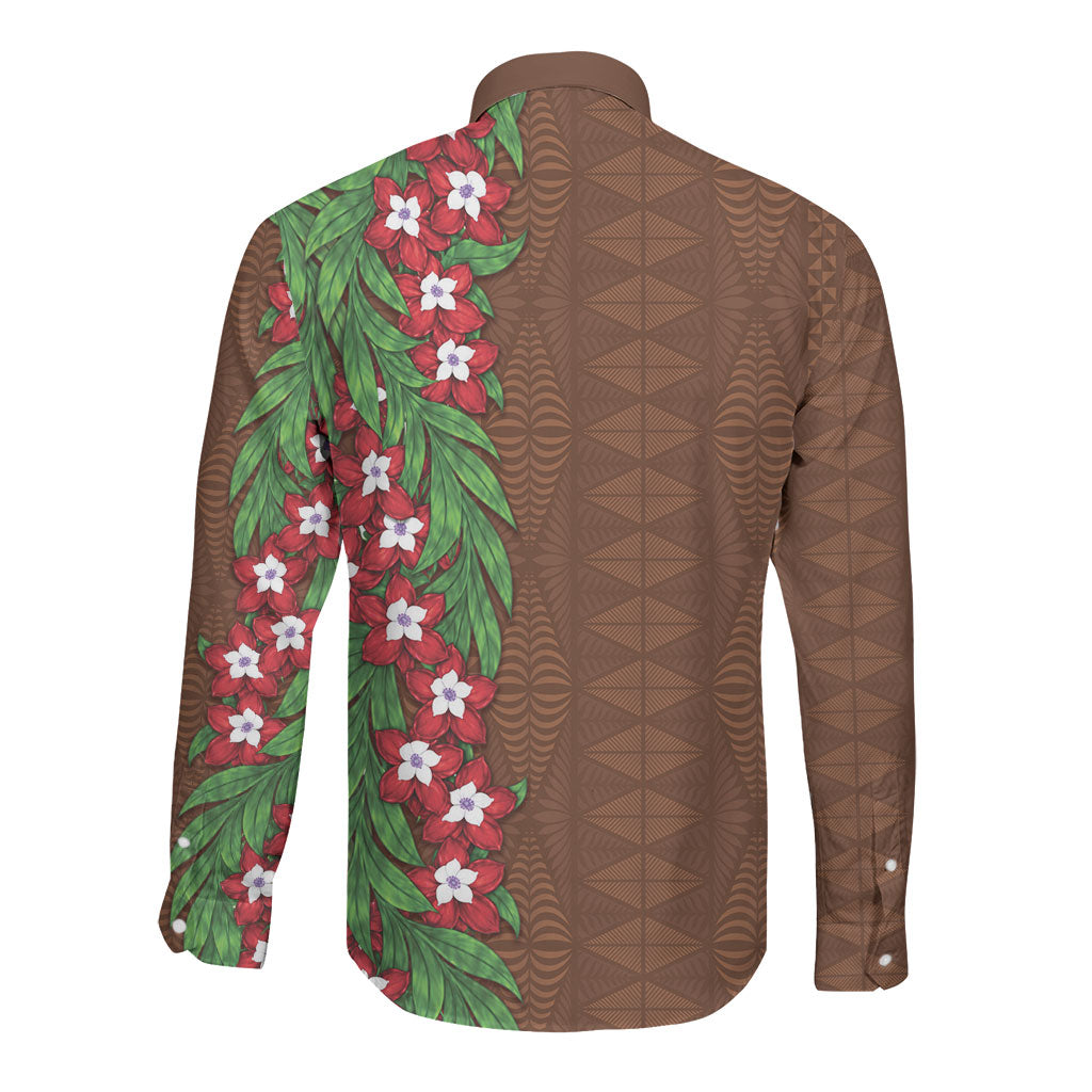 Tonga Language Week Long Sleeve Button Shirt Heilala Floral Brown LT05 - Polynesian Pride