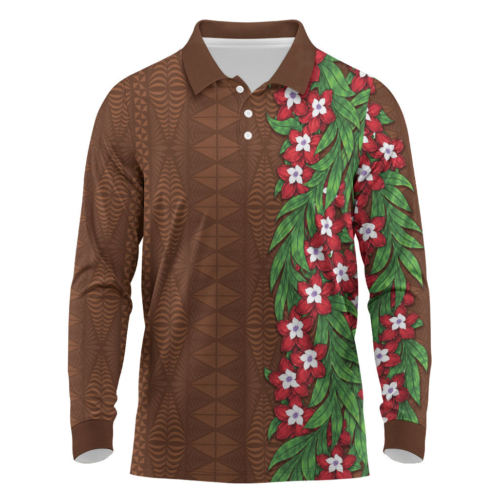Tonga Language Week Long Sleeve Polo Shirt Heilala Floral Brown LT05 Brown - Polynesian Pride