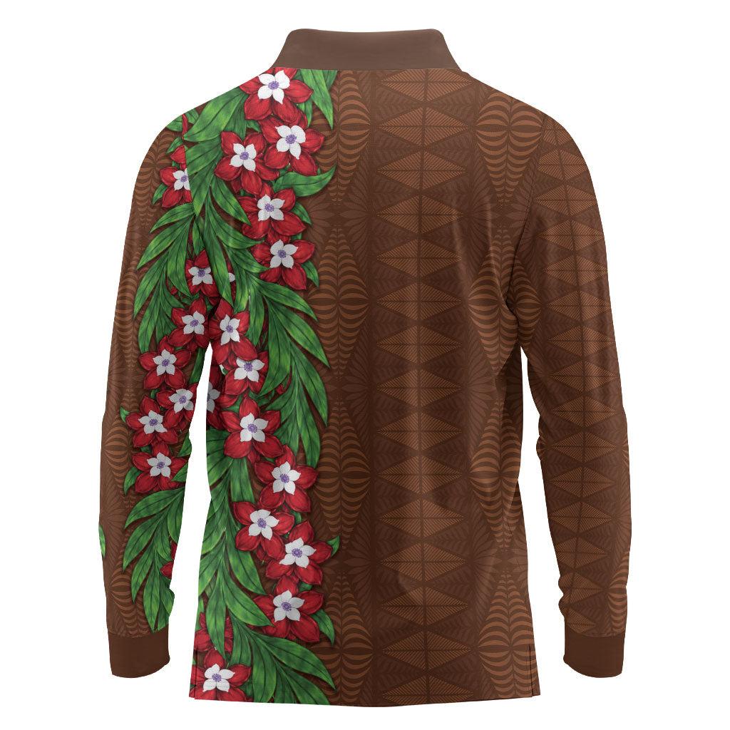 Tonga Language Week Long Sleeve Polo Shirt Heilala Floral Brown LT05 - Polynesian Pride