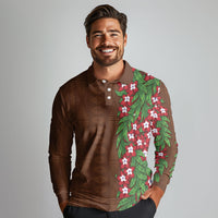 Tonga Language Week Long Sleeve Polo Shirt Heilala Floral Brown LT05 - Polynesian Pride