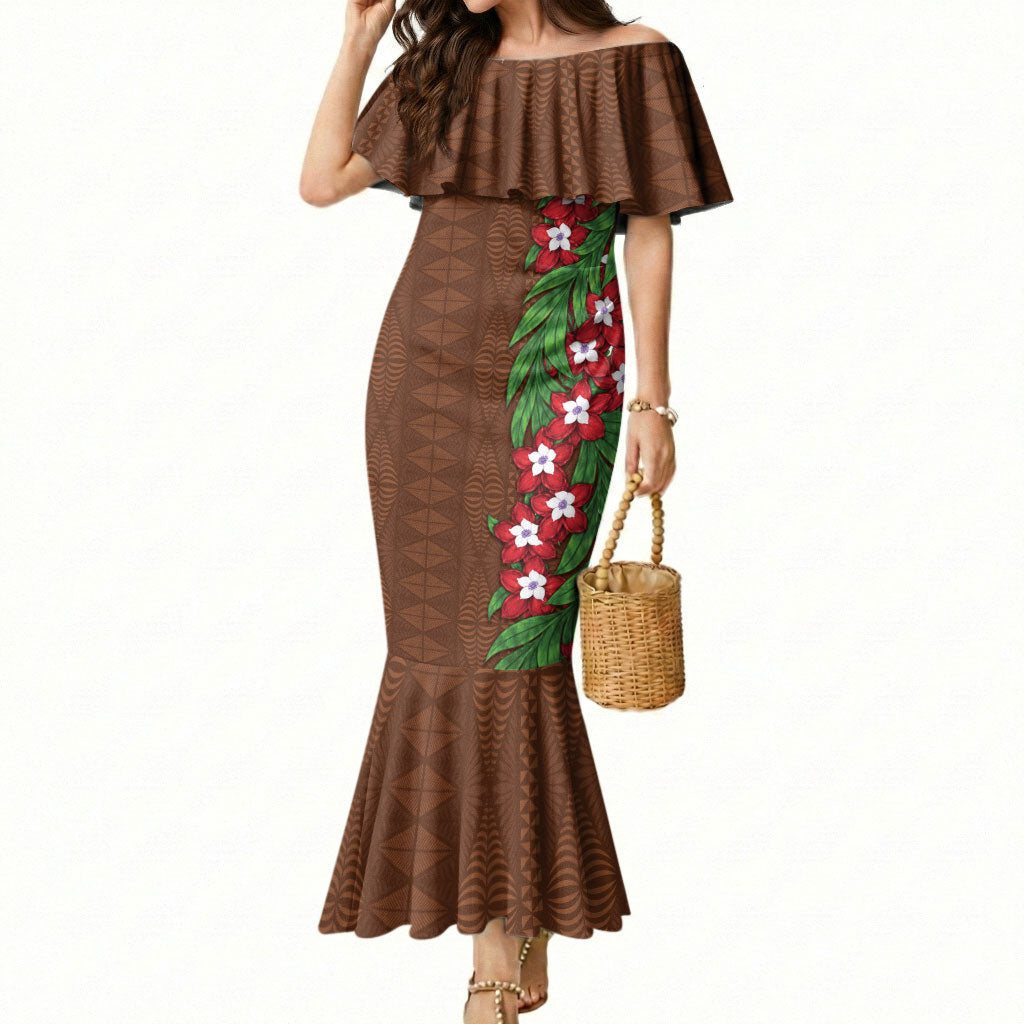 Tonga Language Week Mermaid Dress Heilala Floral Brown LT05 Women Brown - Polynesian Pride