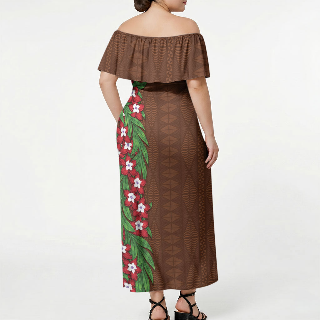 Tonga Language Week Off Shoulder Maxi Dress Heilala Floral Brown LT05 - Polynesian Pride