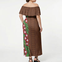Tonga Language Week Off Shoulder Maxi Dress Heilala Floral Brown LT05 - Polynesian Pride