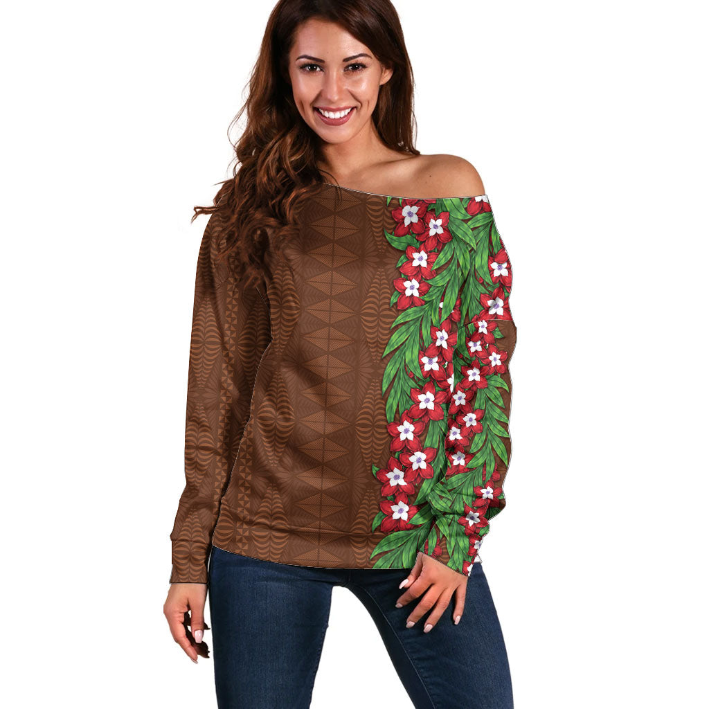 Tonga Language Week Off Shoulder Sweater Heilala Floral Brown LT05 Women Brown - Polynesian Pride