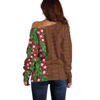 Tonga Language Week Off Shoulder Sweater Heilala Floral Brown LT05 - Polynesian Pride
