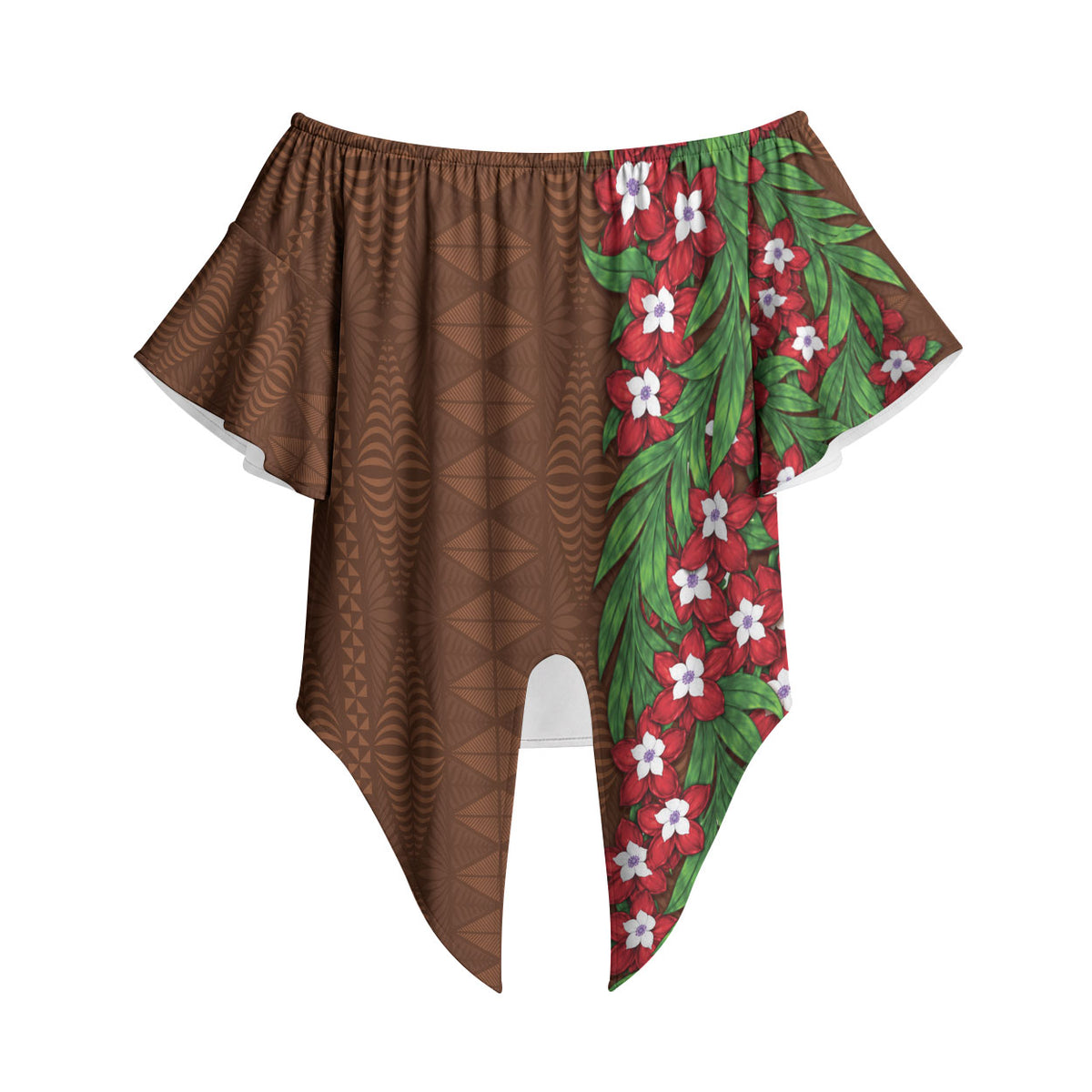 Tonga Language Week Off Shoulder Wrap Waist Top Heilala Floral Brown LT05 Brown - Polynesian Pride
