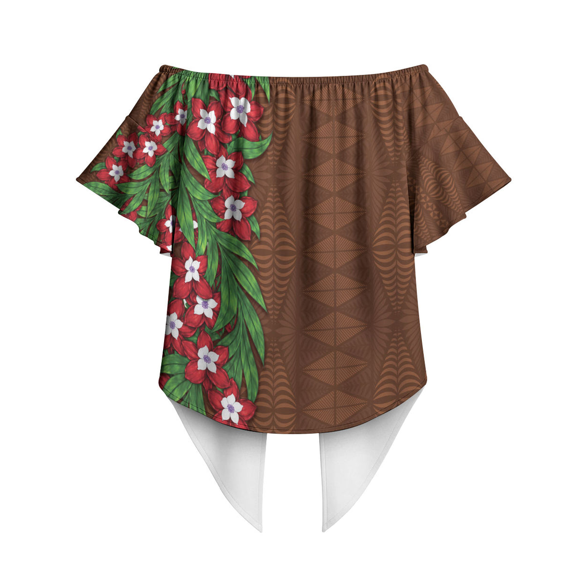 Tonga Language Week Off Shoulder Wrap Waist Top Heilala Floral Brown LT05 - Polynesian Pride
