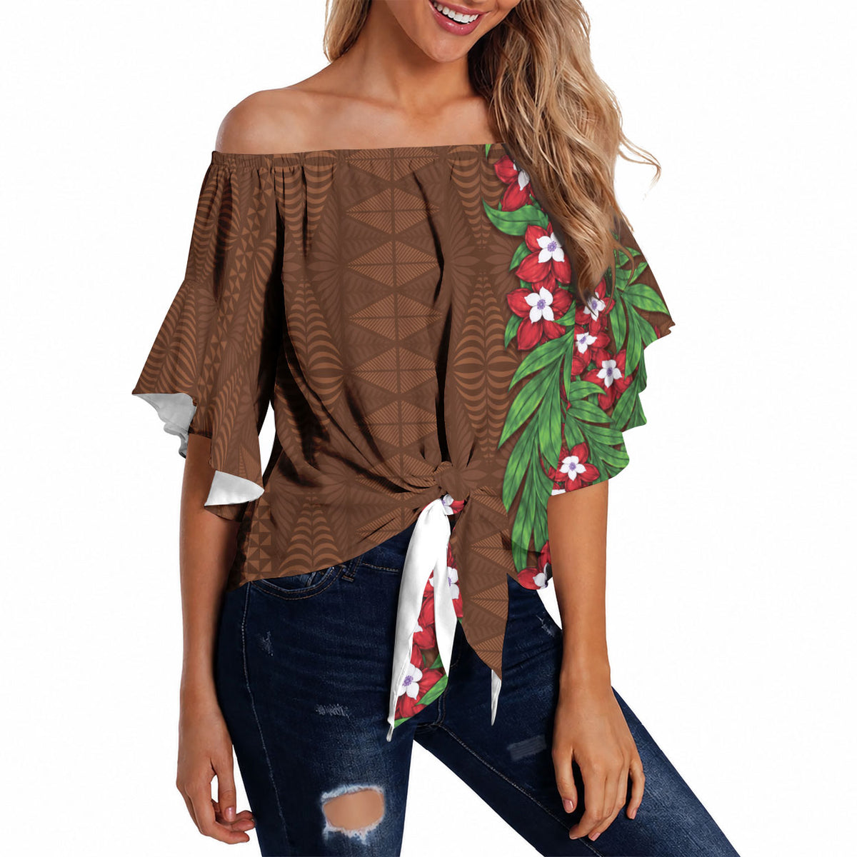 Tonga Language Week Off Shoulder Wrap Waist Top Heilala Floral Brown LT05 - Polynesian Pride