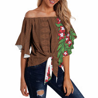Tonga Language Week Off Shoulder Wrap Waist Top Heilala Floral Brown LT05 - Polynesian Pride
