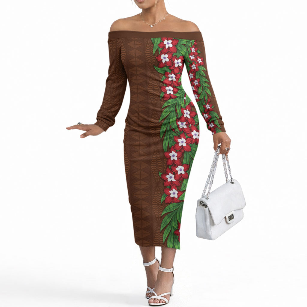 Tonga Language Week Off The Shoulder Long Sleeve Dress Heilala Floral Brown LT05 Women Brown - Polynesian Pride