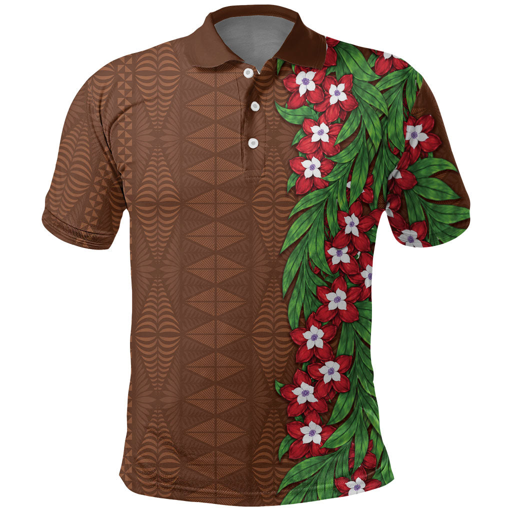 Tonga Language Week Polo Shirt Heilala Floral Brown LT05 Brown - Polynesian Pride