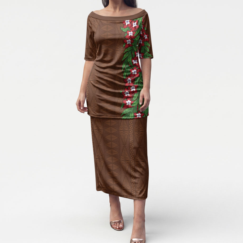 Tonga Language Week Puletasi Heilala Floral Brown LT05 Long Dress Brown - Polynesian Pride