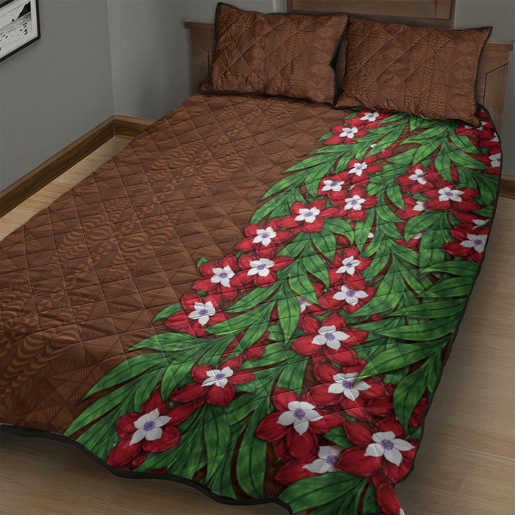 Tonga Language Week Quilt Bed Set Heilala Floral Brown LT05 - Polynesian Pride
