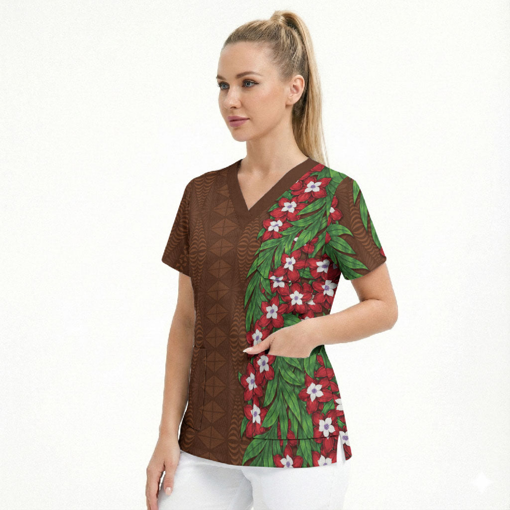Tonga Language Week Scrub Top Heilala Floral Brown LT05 - Polynesian Pride