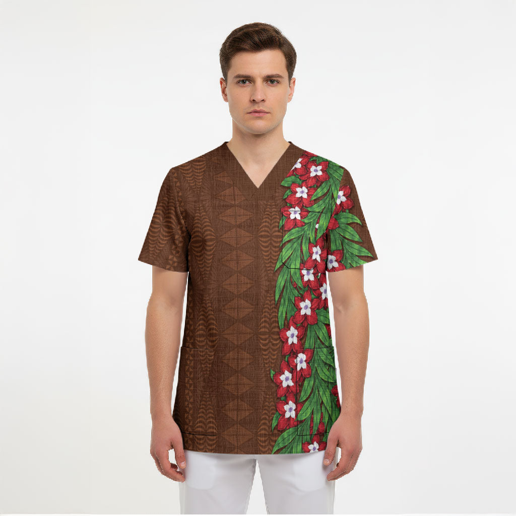 Tonga Language Week Scrub Top Heilala Floral Brown LT05 - Polynesian Pride