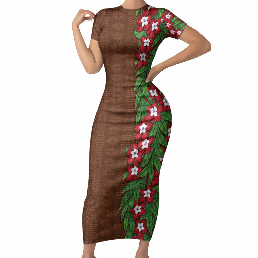 Tonga Language Week Short Sleeve Bodycon Dress Heilala Floral Brown LT05 Long Dress Brown - Polynesian Pride