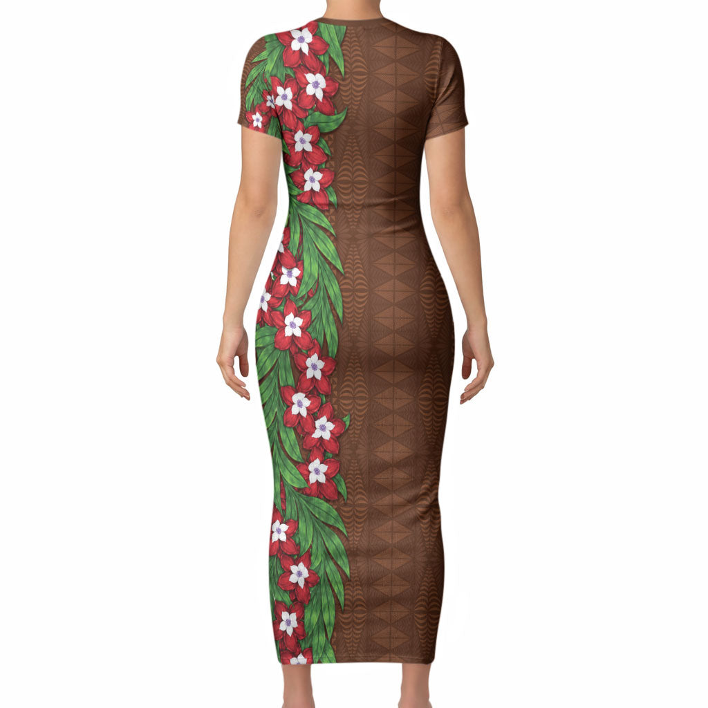 Tonga Language Week Short Sleeve Bodycon Dress Heilala Floral Brown LT05 - Polynesian Pride