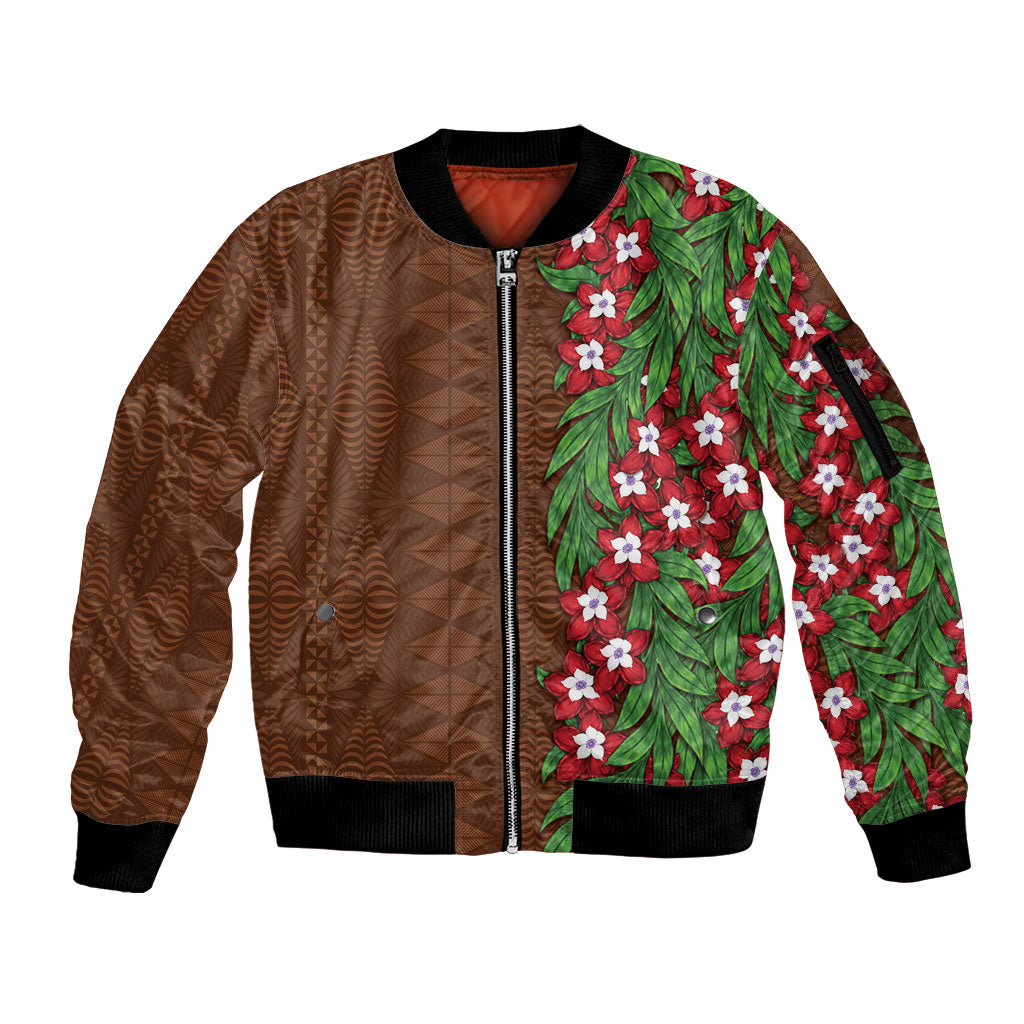 Tonga Language Week Sleeve Zip Bomber Jacket Heilala Floral Brown LT05 Unisex Brown - Polynesian Pride