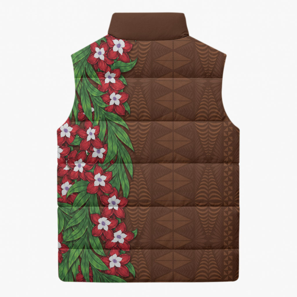 Tonga Language Week Sleeveless Puffer Jacket Heilala Floral Brown LT05 - Polynesian Pride