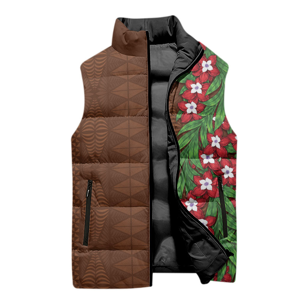 Tonga Language Week Sleeveless Puffer Jacket Heilala Floral Brown LT05 - Polynesian Pride