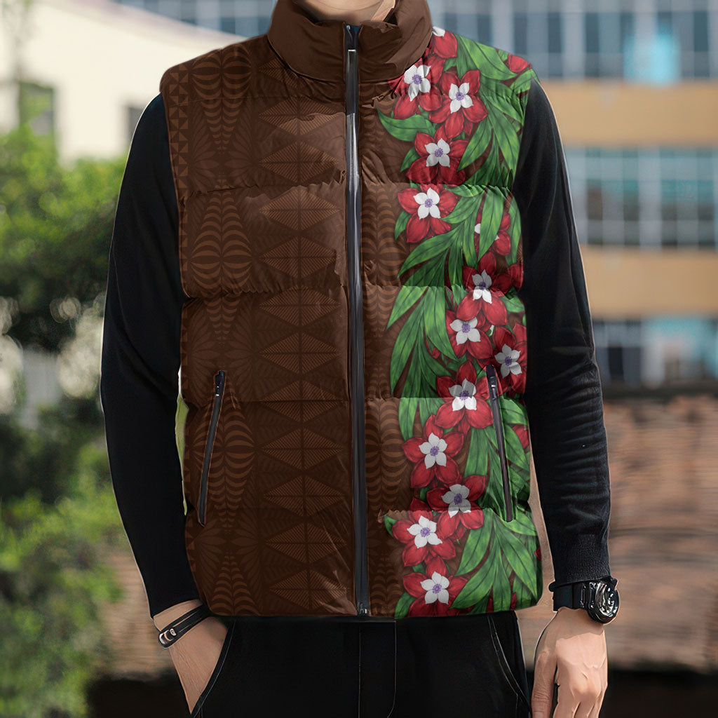 Tonga Language Week Sleeveless Puffer Jacket Heilala Floral Brown LT05 - Polynesian Pride